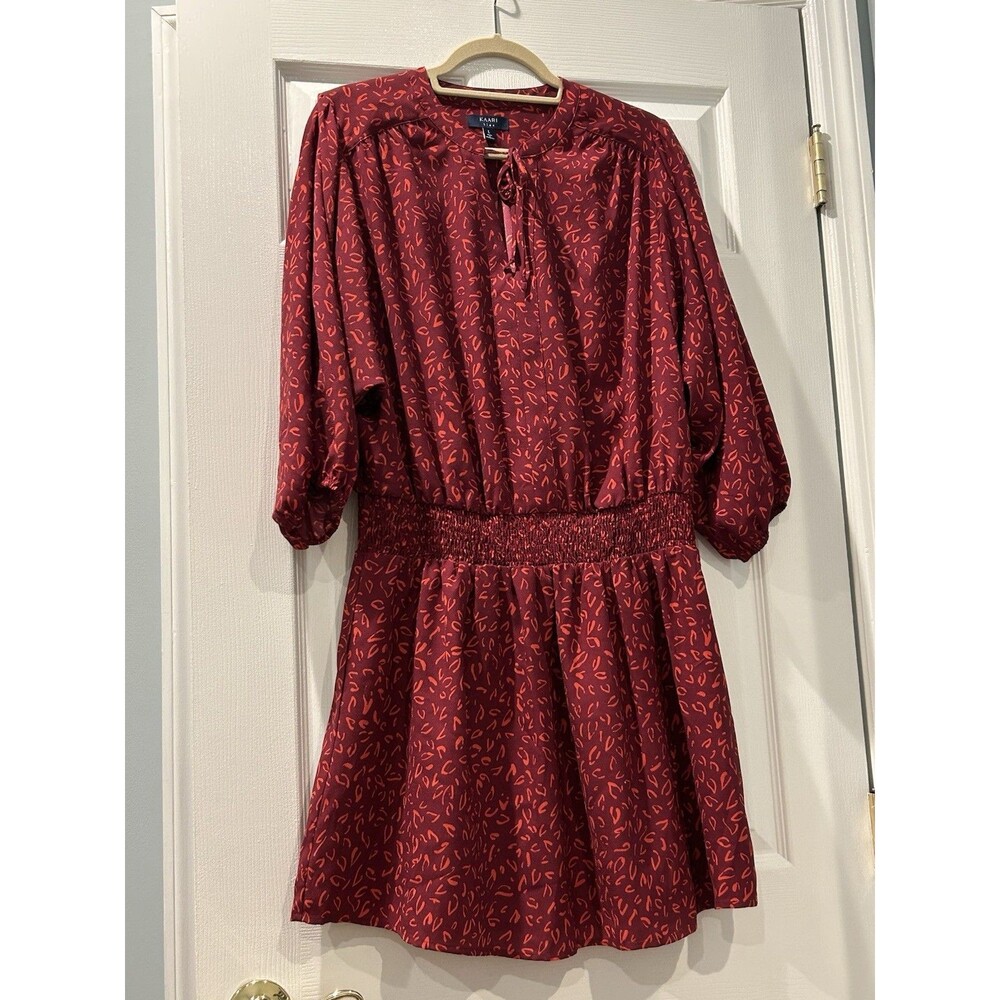 Karri Blue Dress Women's Large Maroon Geometric Lined Elastic Waist Keyhole Tie